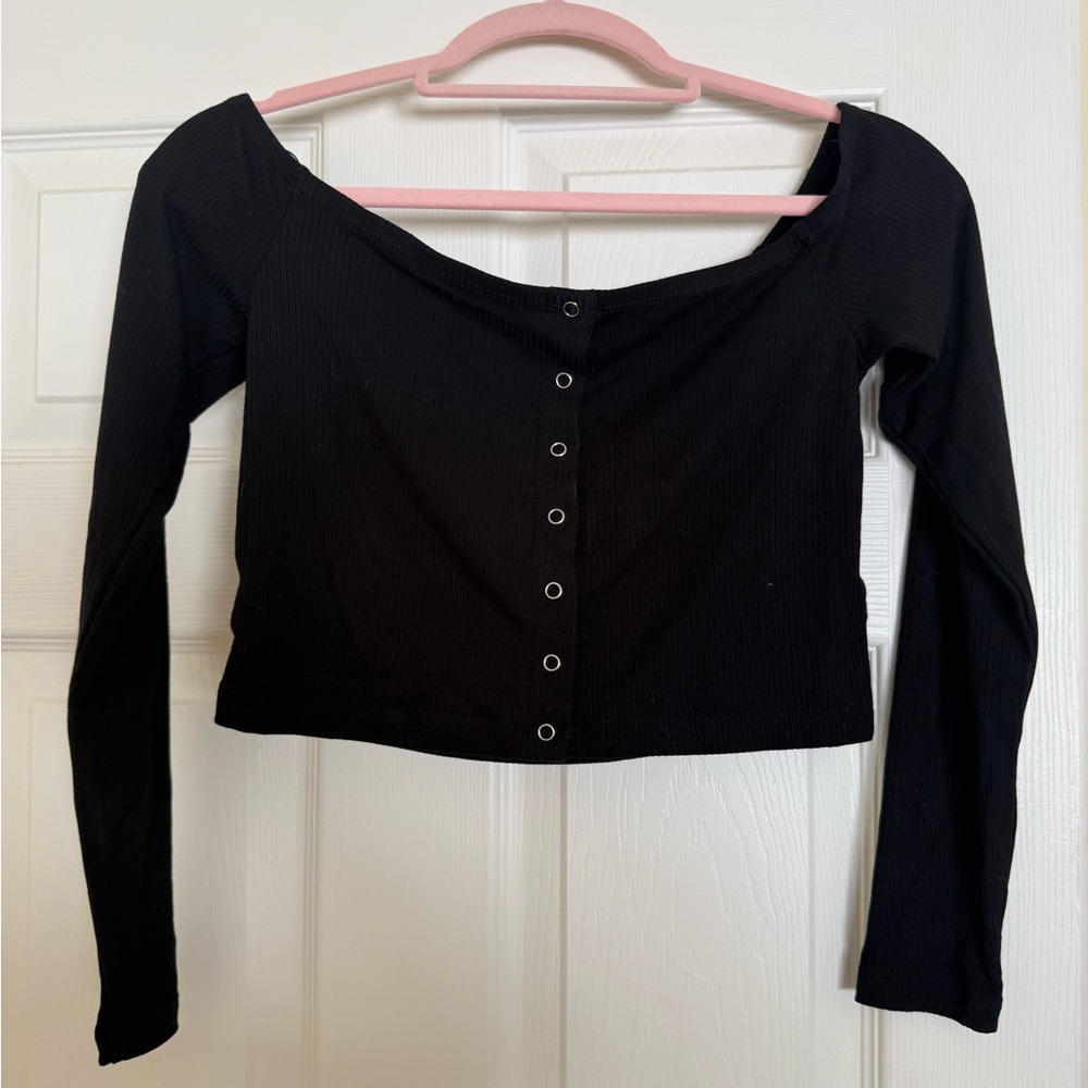 Garage Black Long-Sleeve Off-Shoulder Snap Crop Top